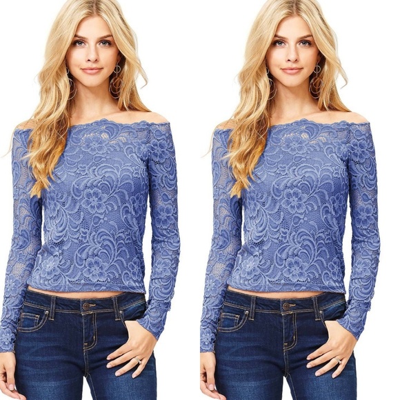 💙Denim Blue Off Shoulder Crochet Lace Top - Picture 2 of 4